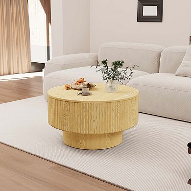 MIDOLA Natural Wood 30-in. Modern Circular Coffee Table with Hidden Storage