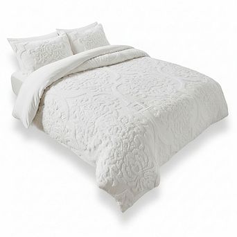 Tufted Chenille Cotton Duvet Cover Set, Modern Luxe 3 pc Full/Queen Damask Off-White