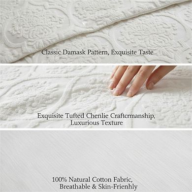 Tufted Chenille Cotton Duvet Cover Set, Modern Luxe 3pc Full/Queen Damask Off-White