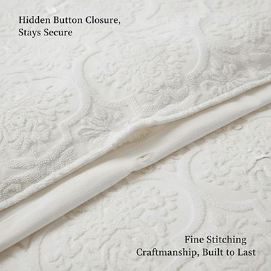 Tufted Chenille Cotton Duvet Cover Set, Modern Luxe 3pc Full/Queen Damask Off-White