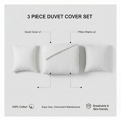 Tufted Chenille Cotton Duvet Cover Set, Modern Luxe 3pc Full/Queen Damask Off-White