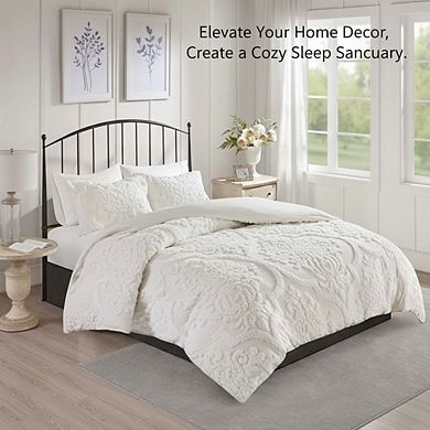 Tufted Chenille Cotton Duvet Cover Set, Modern Luxe 3pc Full/Queen Damask Off-White