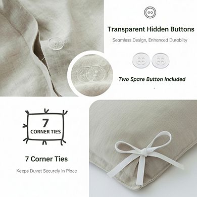 Natural French Flax Linen Duvet Cover, Queen 3pc Set, Breathable Soft Bedding