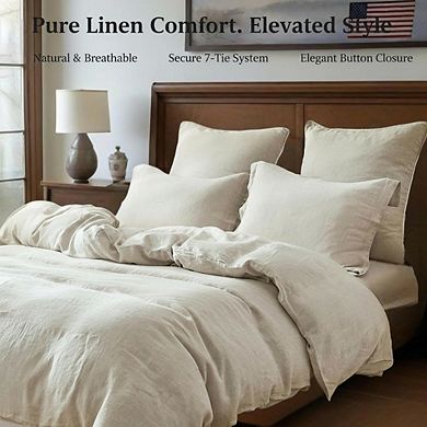 Natural French Flax Linen Duvet Cover, Queen 3pc Set, Breathable Soft Bedding