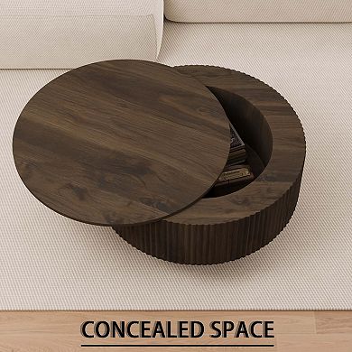 MIDOLA Walnut 30-in. Modern Circular Coffee Table with Hidden Storage
