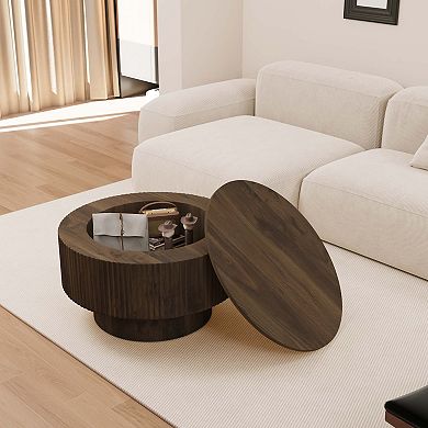 MIDOLA Walnut 30-in. Modern Circular Coffee Table with Hidden Storage