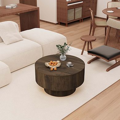 MIDOLA Walnut 30-in. Modern Circular Coffee Table with Hidden Storage