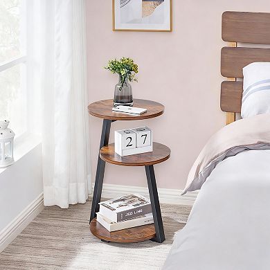 Three-tier rustic metal frame side table, suitable for living room or bedroom