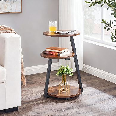Three-tier rustic metal frame side table, suitable for living room or bedroom