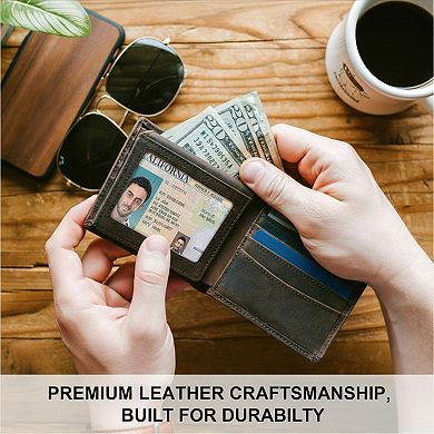 Top Grain Leather Bifold Wallet with RFID Blocking and Extra Capacity