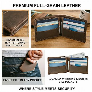 Top Grain Leather Bifold Wallet with RFID Blocking and Extra Capacity