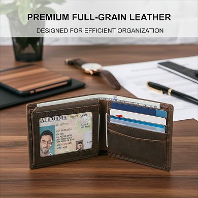 Top Grain Leather Bifold Wallet with RFID Blocking and Extra Capacity