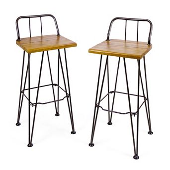 Outdoor Acacia Wood Barstool with Angled Metal Legs, Brown
