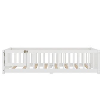 Twin Size Bed Floor Bed with Safety Guardrails and Door for Kids, White