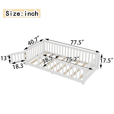 Twin Size Bed Floor Bed with Safety Guardrails and Door for Kids, White