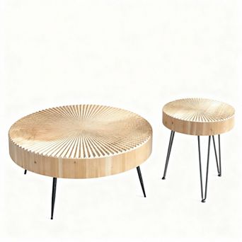 Rustic-style two-piece nesting coffee tables; round tables with wooden radial grain