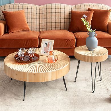 Rustic-style two-piece nesting coffee tables; round tables with wooden radial grain