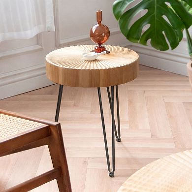 Rustic-style two-piece nesting coffee tables; round tables with wooden radial grain