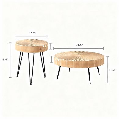 Rustic-style two-piece nesting coffee tables; round tables with wooden radial grain