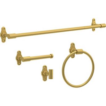 4 pc Gold Bathroom Hardware Set: Towel Bar, Toilet Paper Holder, Towel Ring, Hook
