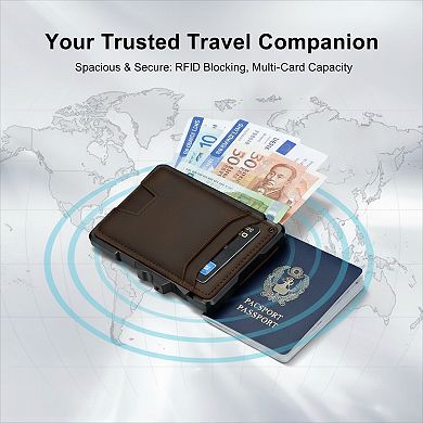 Slim Leather Wallet with RFID Blocking and Pop Up Card Holder