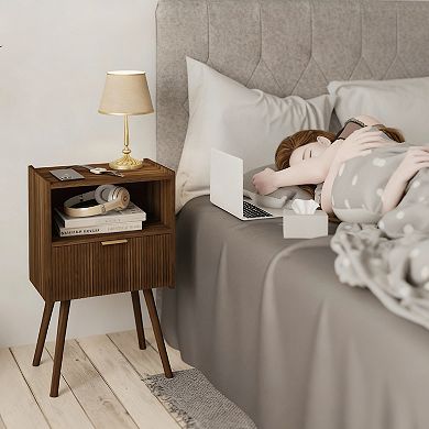 Modern Walnut Nightstand with Drawer & Shelf for Small Spaces