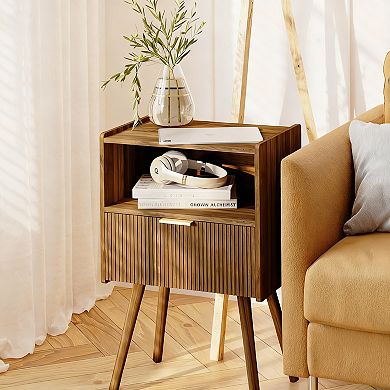 Modern Walnut Nightstand with Drawer & Shelf for Small Spaces