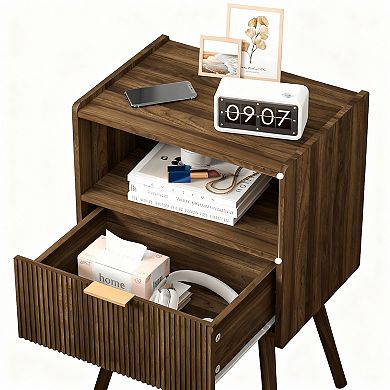 Modern Walnut Nightstand with Drawer & Shelf for Small Spaces