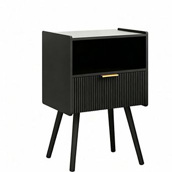 Modern Walnut Nightstand with Drawer & Shelf for Small Spaces