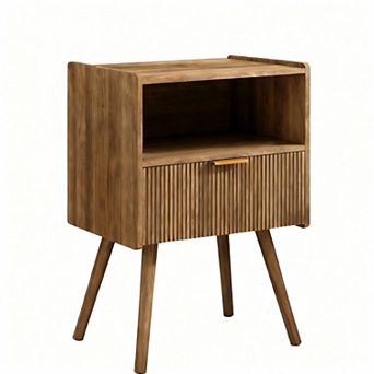 Modern Walnut Nightstand with Drawer & Shelf for Small Spaces