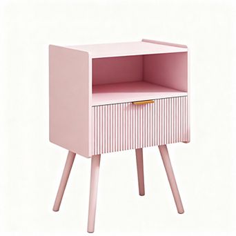 Modern Walnut Nightstand with Drawer & Shelf for Small Spaces