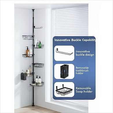 Tension Pole Shower Caddy 6 Pack Rustproof Adjustable with Extra Towel Bar