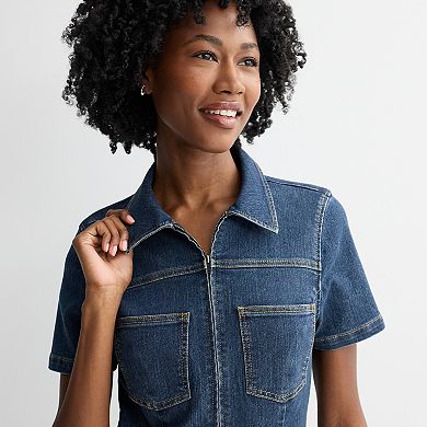 Juniors' Tinseltown Zip Front Short Sleeve Denim Dress