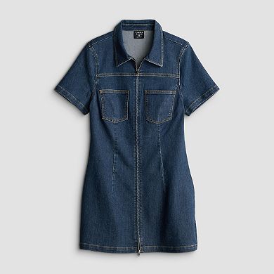 Juniors' Tinseltown Zip Front Short Sleeve Denim Dress