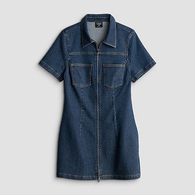 tinsel denim dress Tinseltown Juniors' Denim Button-Front Utility-Pocket Dress