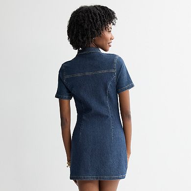 Juniors' Tinseltown Zip Front Short Sleeve Denim Dress