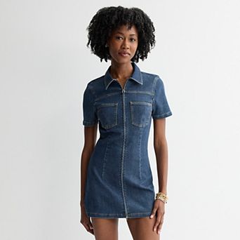 Juniors' Tinseltown Zip Front Short Sleeve Denim Dress