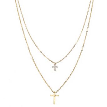 City Luxe 14k Gold Plated Cubic Zirconia Cross Double Layer Necklace