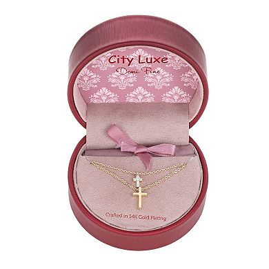 City Luxe 14k Gold Plated Cubic Zirconia Cross Double Layer Necklace