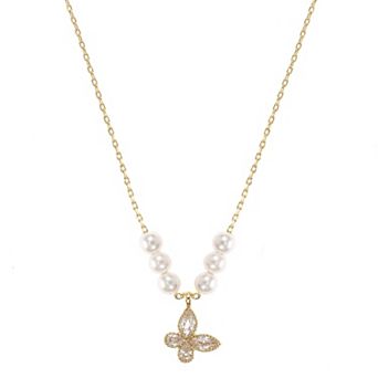 City Luxe 14k Gold Plated Cubic Zirconia & Simulated Pearl Butterfly Pendant Necklace