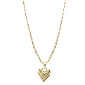 City Luxe 14k Gold Plated Ribbed Puff Heart Pendant Necklace