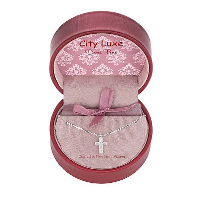 City Luxe Fine Silver Plated Cubic Zirconia Cross Pendant Necklace