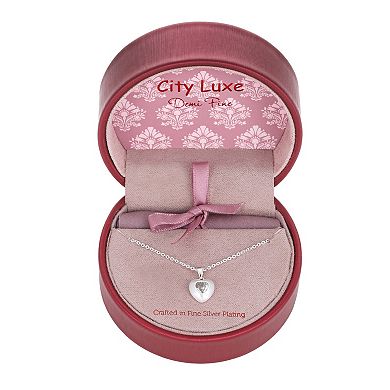 City Luxe Fine Silver Plated Cubic Zirconia Heart Pendant Necklace