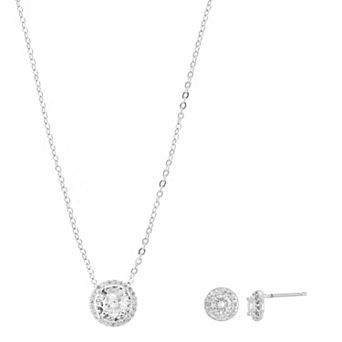 City Luxe Fine Silver Plated Cubic Zirconia Halo Necklace & Stud Earring Set