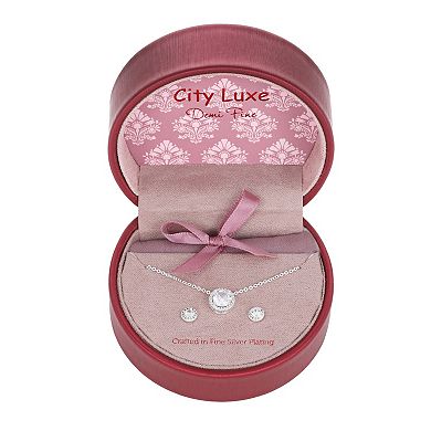 City Luxe Fine Silver Plated Cubic Zirconia Halo Necklace & Stud Earring Set