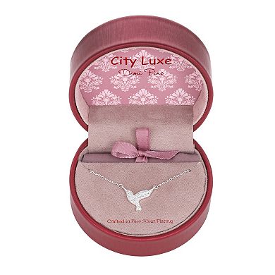 City Luxe Fine Silver Plated Cubic Zirconia Pave Bird Pendant Necklace