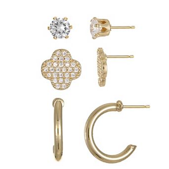 City Luxe 14k Gold Plated 3-Pair Cubic Zirconia Stud & Hoop Earring Set
