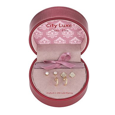 City Luxe 14k Gold Plated 3-Pair Cubic Zirconia Stud & Hoop Earring Set