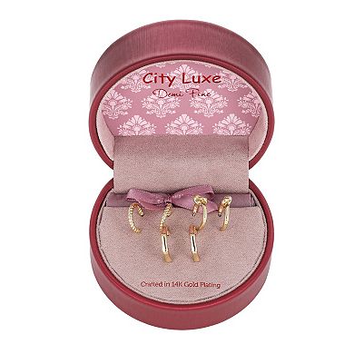 City Luxe 14k Gold Plated 3-Pair Polished Hoop Earring Set