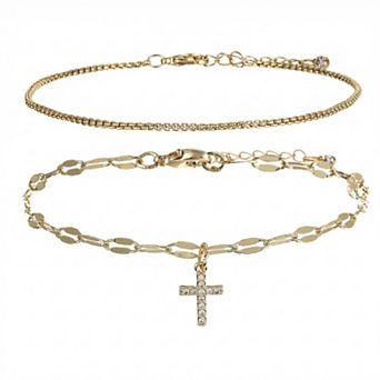 City Luxe 14k Gold Plated 2 pc Cubic Zirconia Cross Charm Bracelet Set